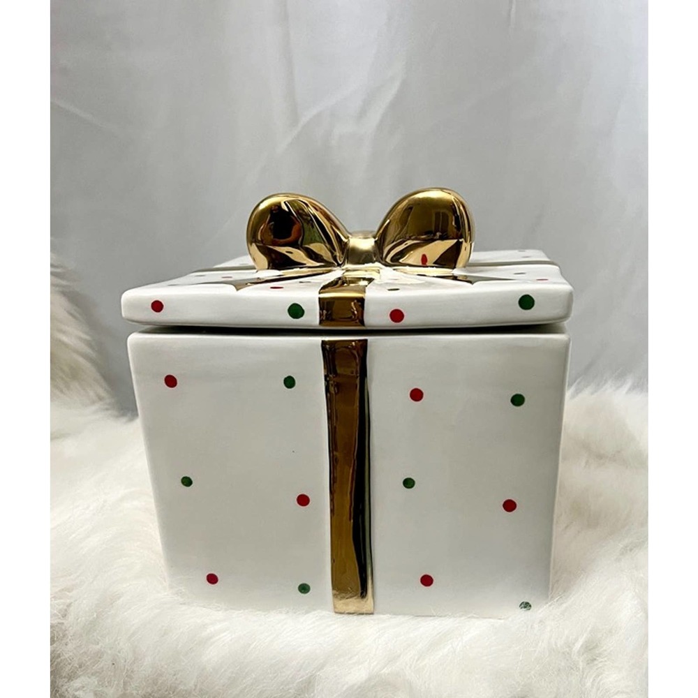7" Christmas Present Decor Canister with Gold Bow